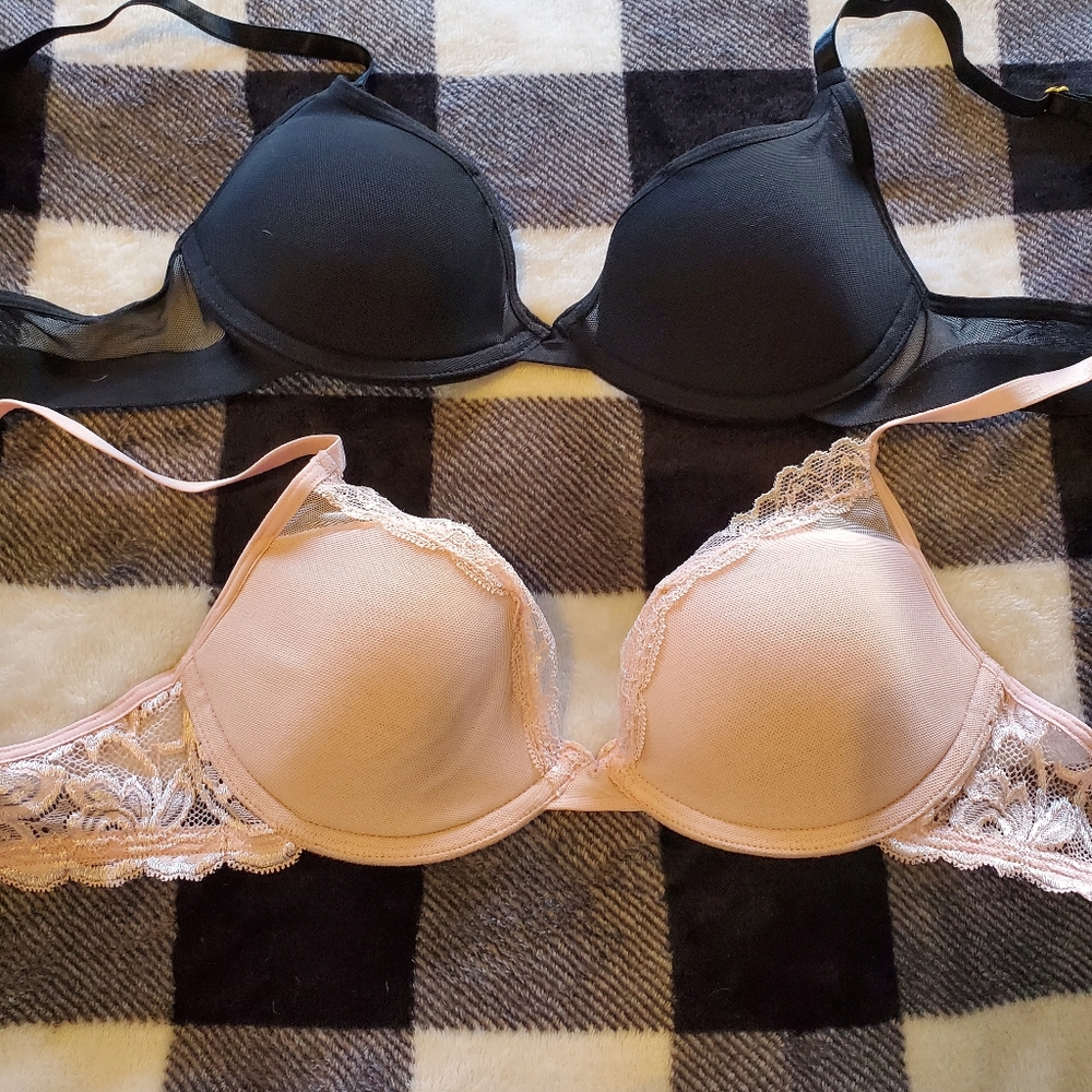 2 Pepper Bras 32B Black mesh and Pink lace